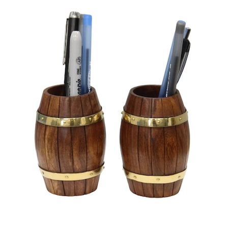 Vintiquewise Set of Two Decorative Wine Barrel Shaped Wooden Pen Holders for Office Desk, or Entryway QI004393.2